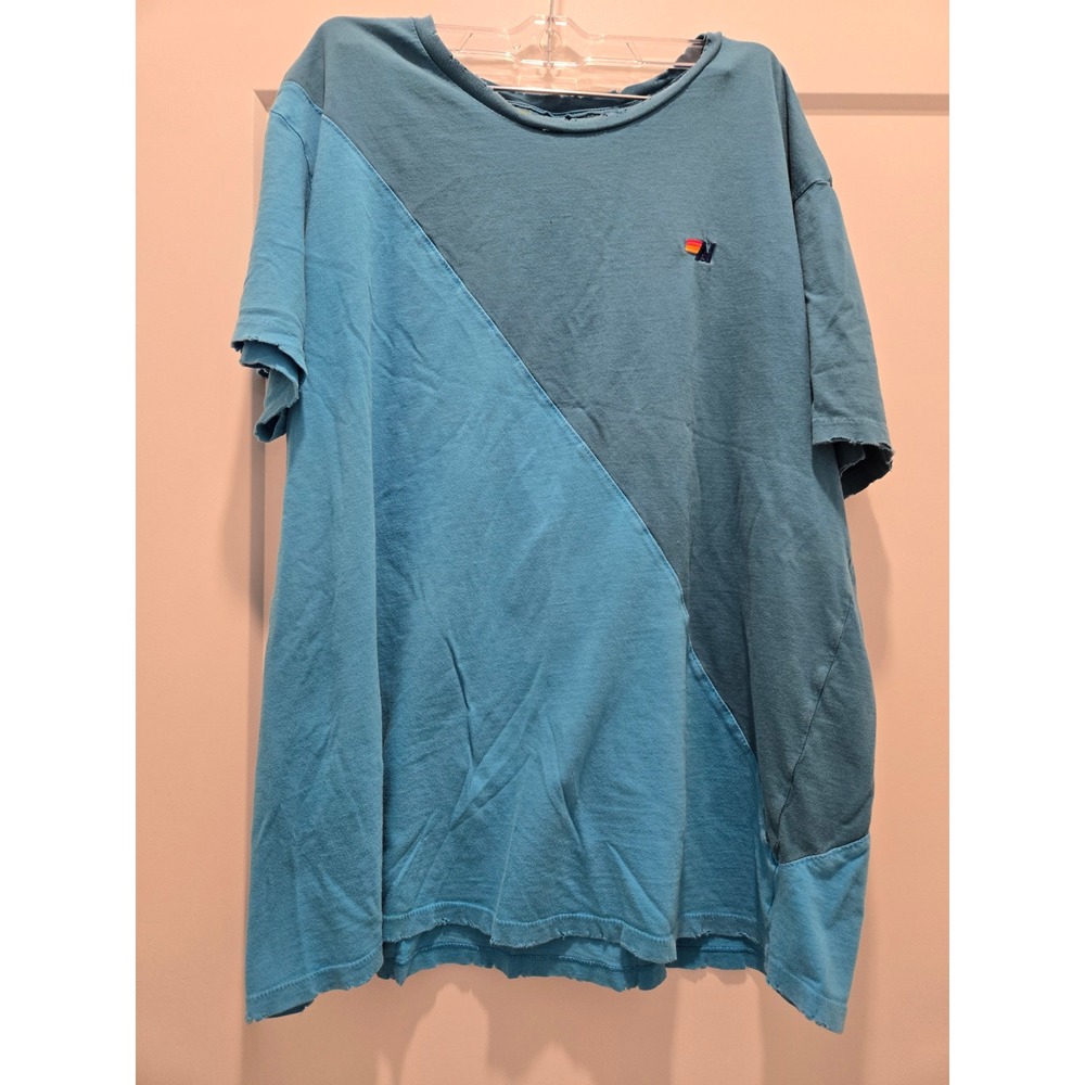 Aviator Nation Blue Colorblock Distressed Logo Tee Shirt Womens XL flawed